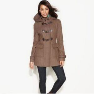 Laundry by Design Womens Large Hooded Wool Blend Toggle Front Duffle Coat Brown